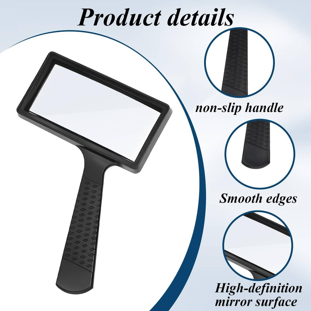 Black rectangular magnifier showing textured non-slip handle and smooth frame edges