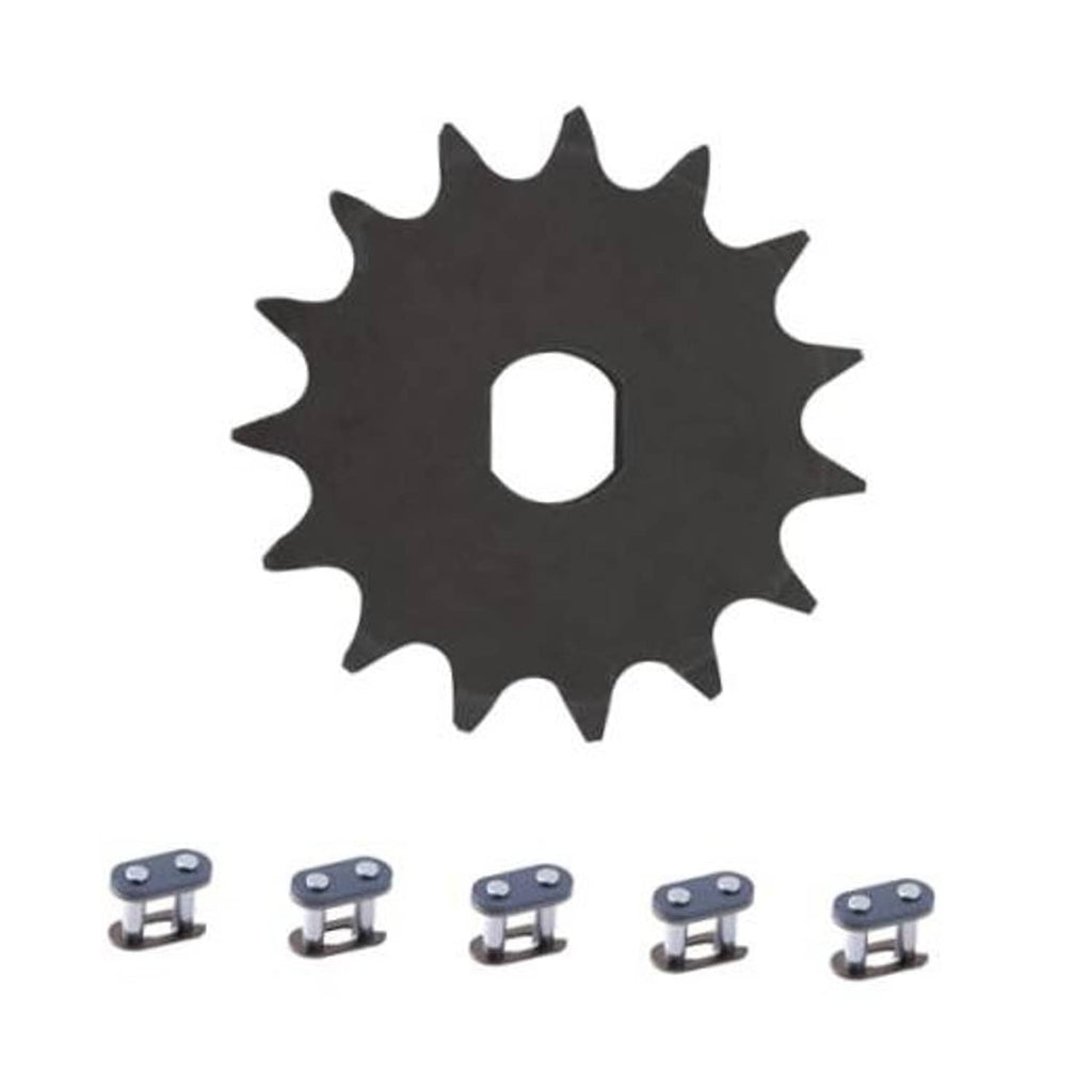 Black motor sprocket gear with center hole and 15-tooth profile for chain drive