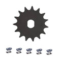 Black motor sprocket gear with center hole and 15-tooth profile for chain drive