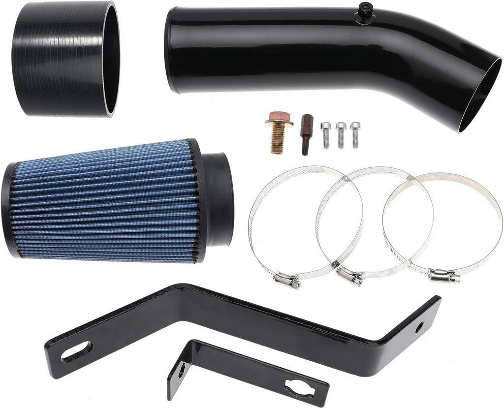 Blue cone air filter, black intake elbow, and stainless hose clamps with brackets