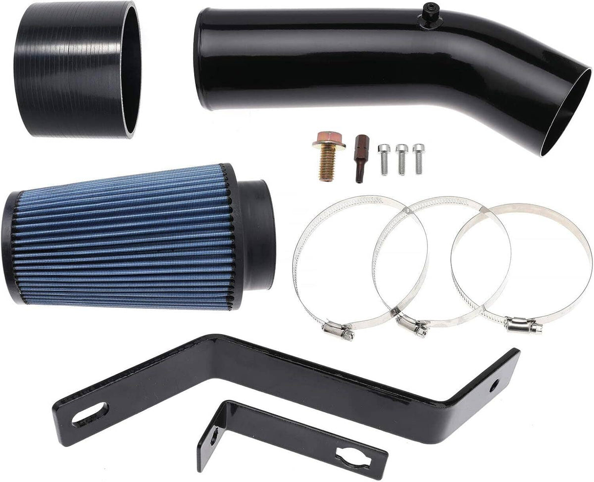 Blue cone air filter, black intake elbow, and stainless hose clamps with brackets