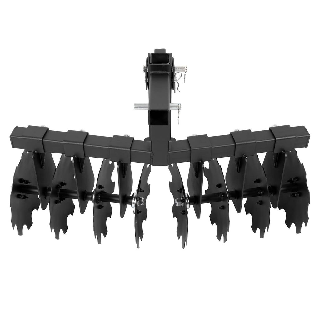 Assembled disc harrow plow with black frame and 8 notched steel blades