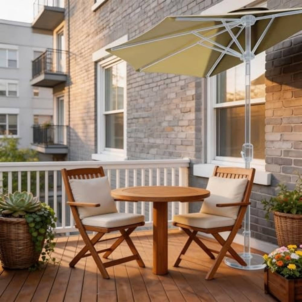 Light beige half umbrella canopy on a balcony over a patio table set