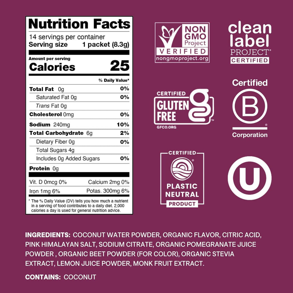 Electrolyte drink mix label with nutrition facts and gluten-free, clean label certifications