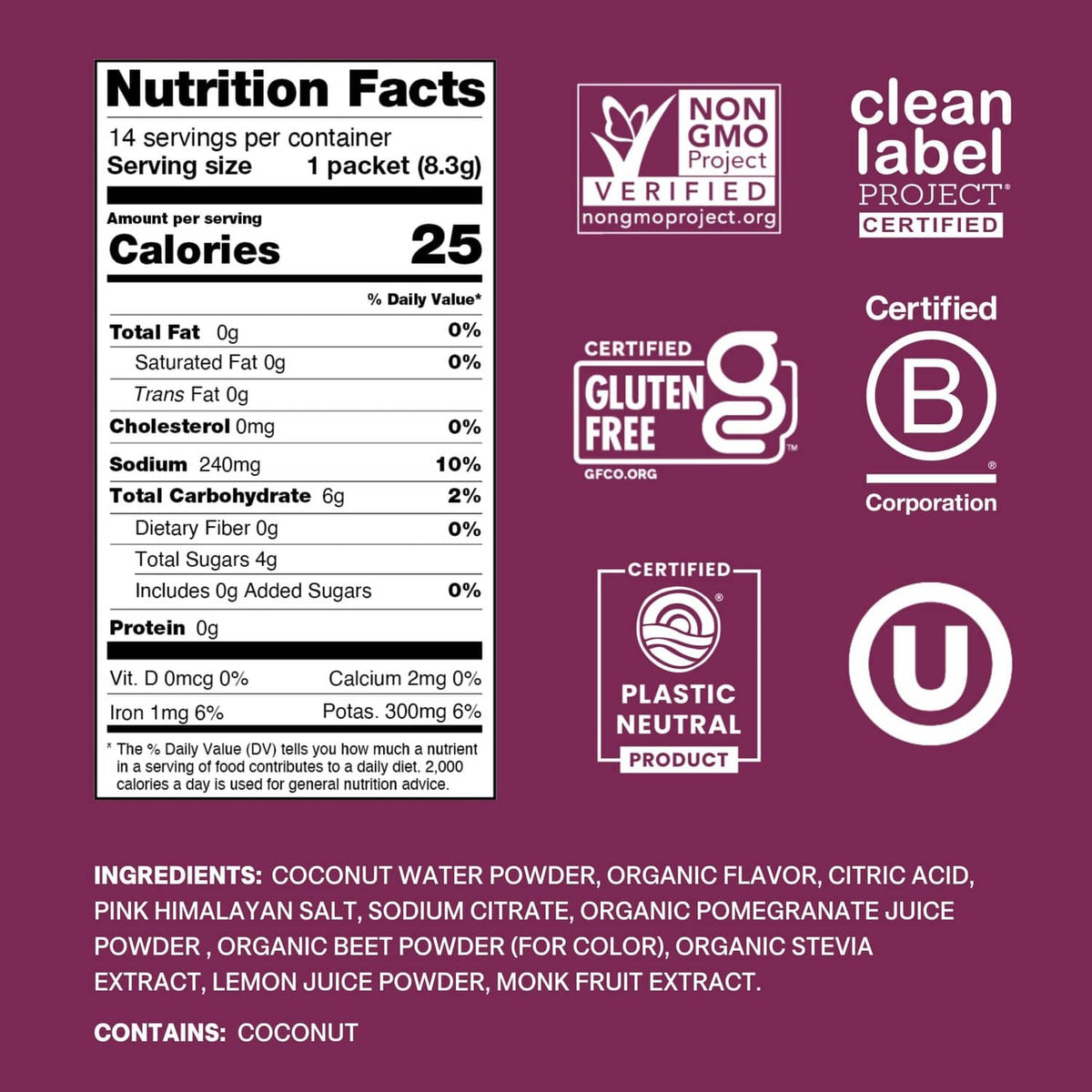 Electrolyte drink mix label with nutrition facts and gluten-free, clean label certifications