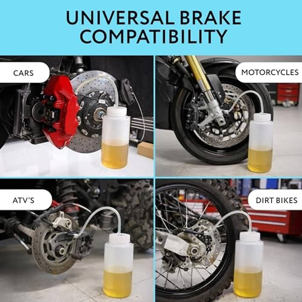 White brake bleeder bottle with yellow fluid and clear tube for wheel brake bleeding