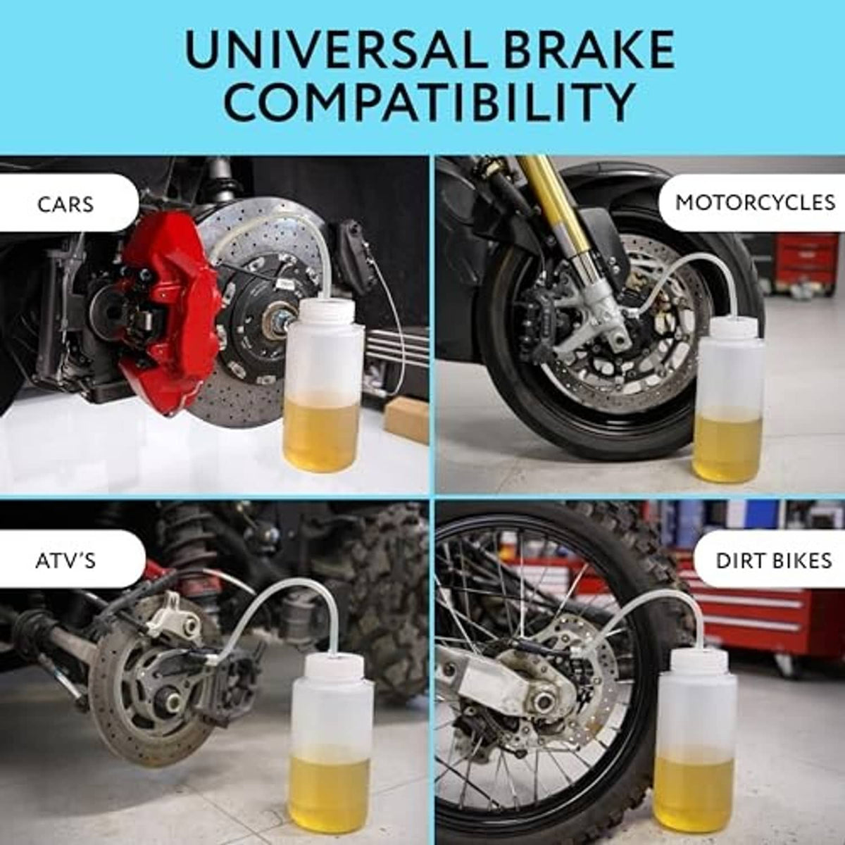 White brake bleeder bottle with yellow fluid and clear tube for wheel brake bleeding