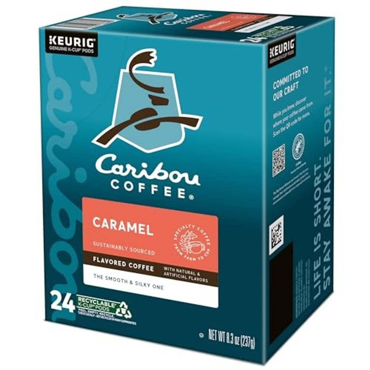 Caramel flavored coffee K-Cup box side view with KEURIG and Caribou branding