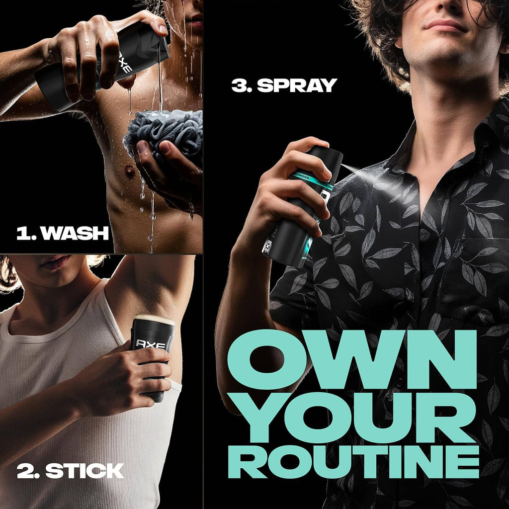 Man holding AXE deodorant body spray; three-step routine shown with can and person