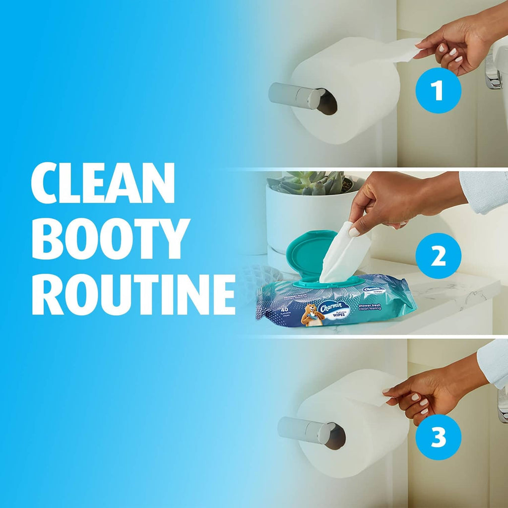 Charmin flushable wipes packet with hands wiping a toilet during a clean routine