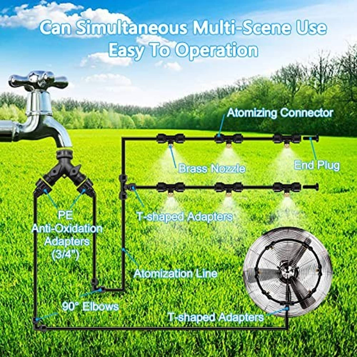 Outdoor black misting system layout with brass nozzle, end plug, and tubing