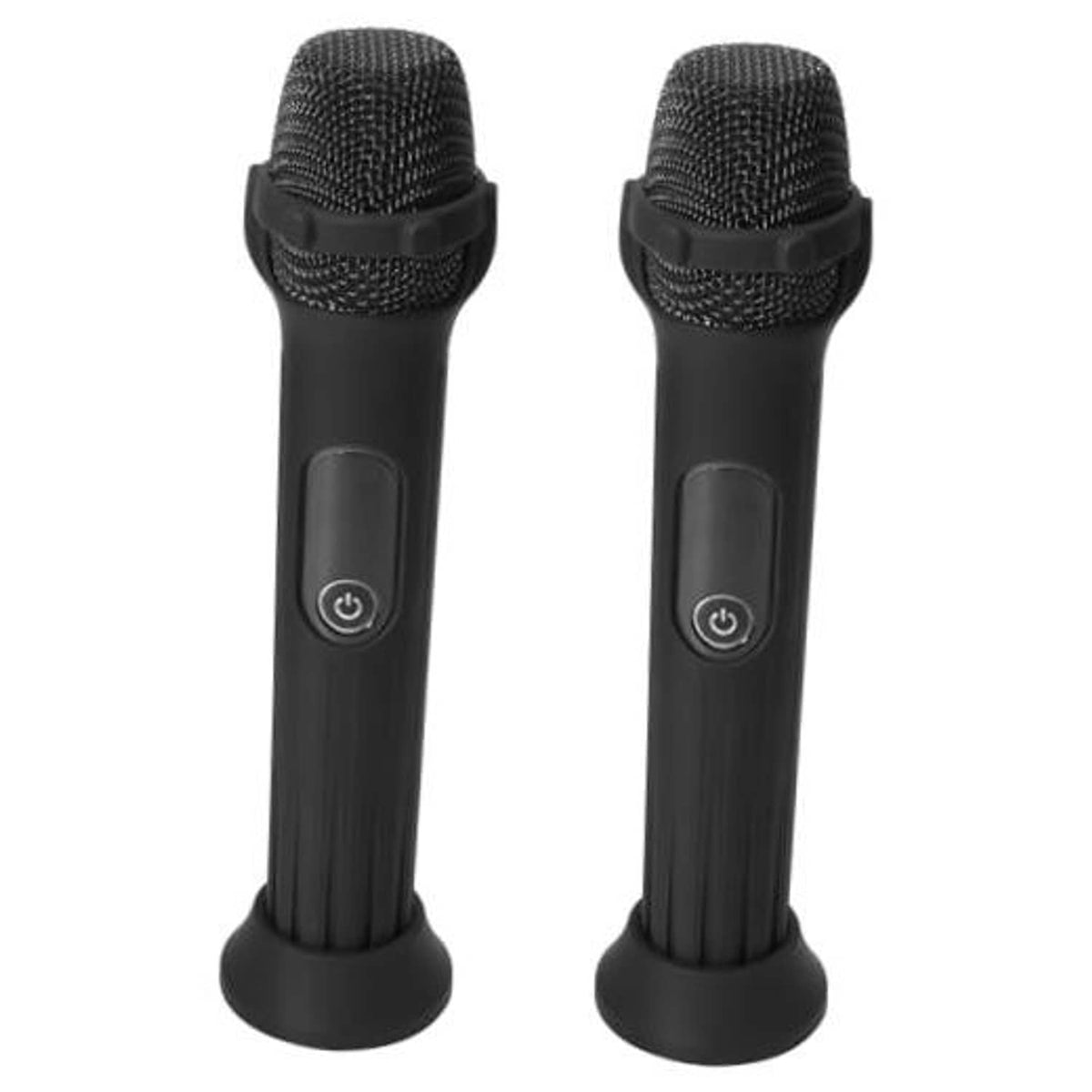 Pair of black silicone microphone cases with textured grille heads and power buttons
