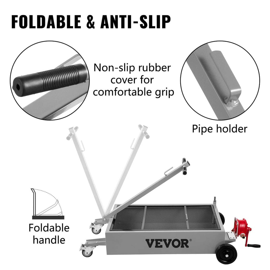 Oil drain pan cart with foldable handle grips, pipe holder, and black mesh tray