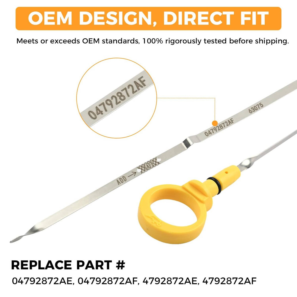 Engine oil dipstick with yellow loop handle and stamped metal measuring rod