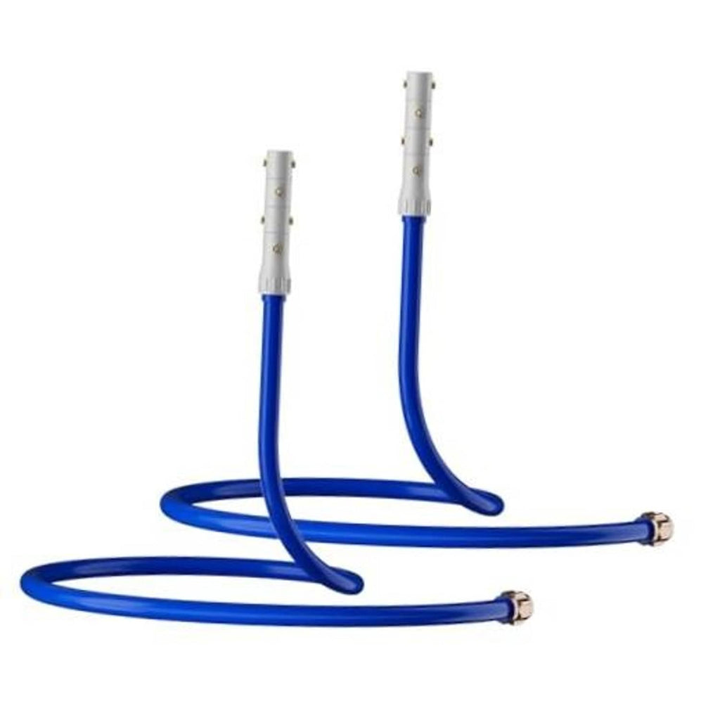 Freestanding outdoor misting cooler, blue flexible hoses with two silver nozzle heads