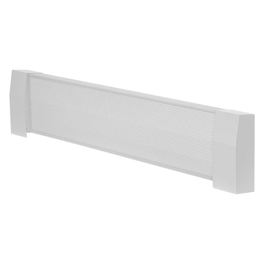 White baseboard heater cover with vented mesh panel, end caps on both sides