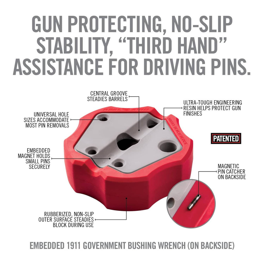 Red non-slip magnetic bench block with multiple pin-punch slots