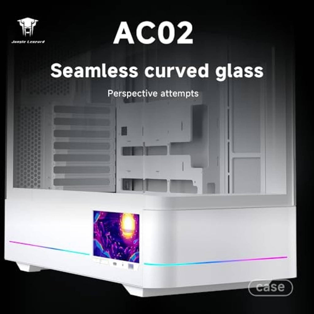 White ATX PC case with curved tempered-glass front and built-in 5.5-inch LCD window