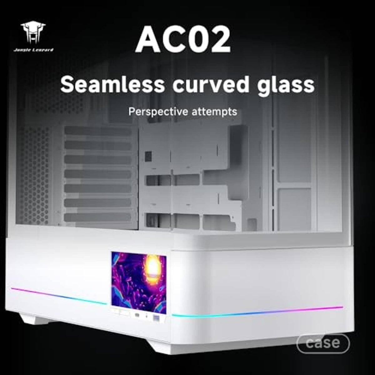White ATX PC case with curved tempered-glass front and built-in 5.5-inch LCD window