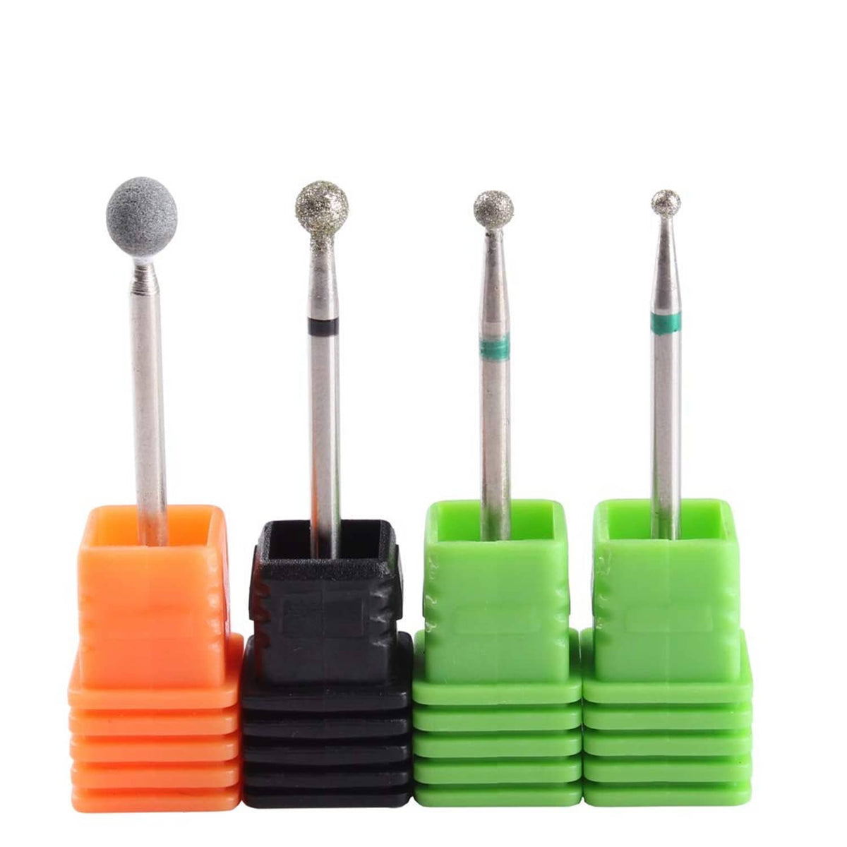 Diamond nail drill bit set of four ball-head bits with colored holders, orange/black/green