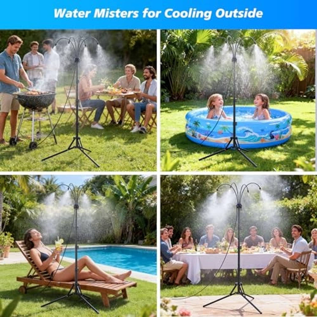 Outdoor patio misting stand for cooling over yard seating and pool areas