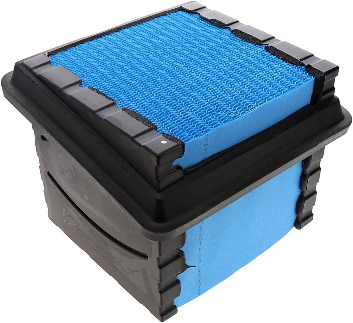 Air filter showing blue pleated mesh top inside black frame