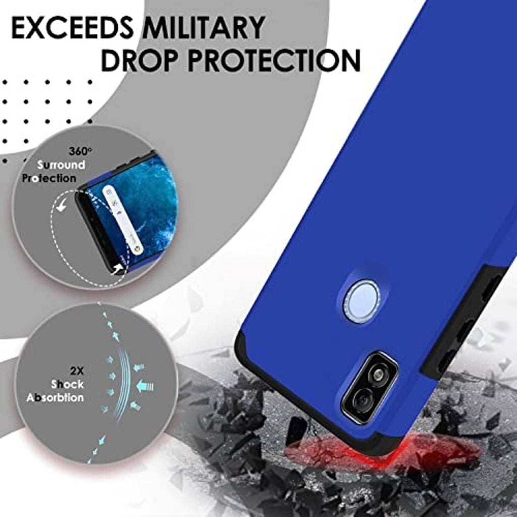 Blue rugged phone case with corner drop protection and shock-absorbing design.