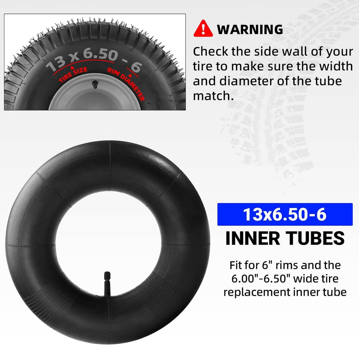 Black 13x6.50-6 inner tube with TR-13 straight valve opening