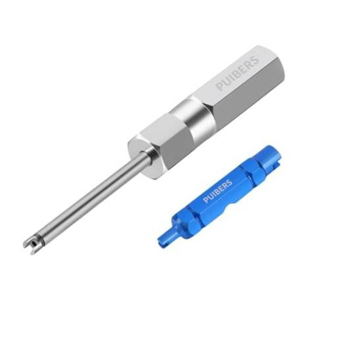 Tire valve core removal tool kit: silver wrench with blue Presta adapter