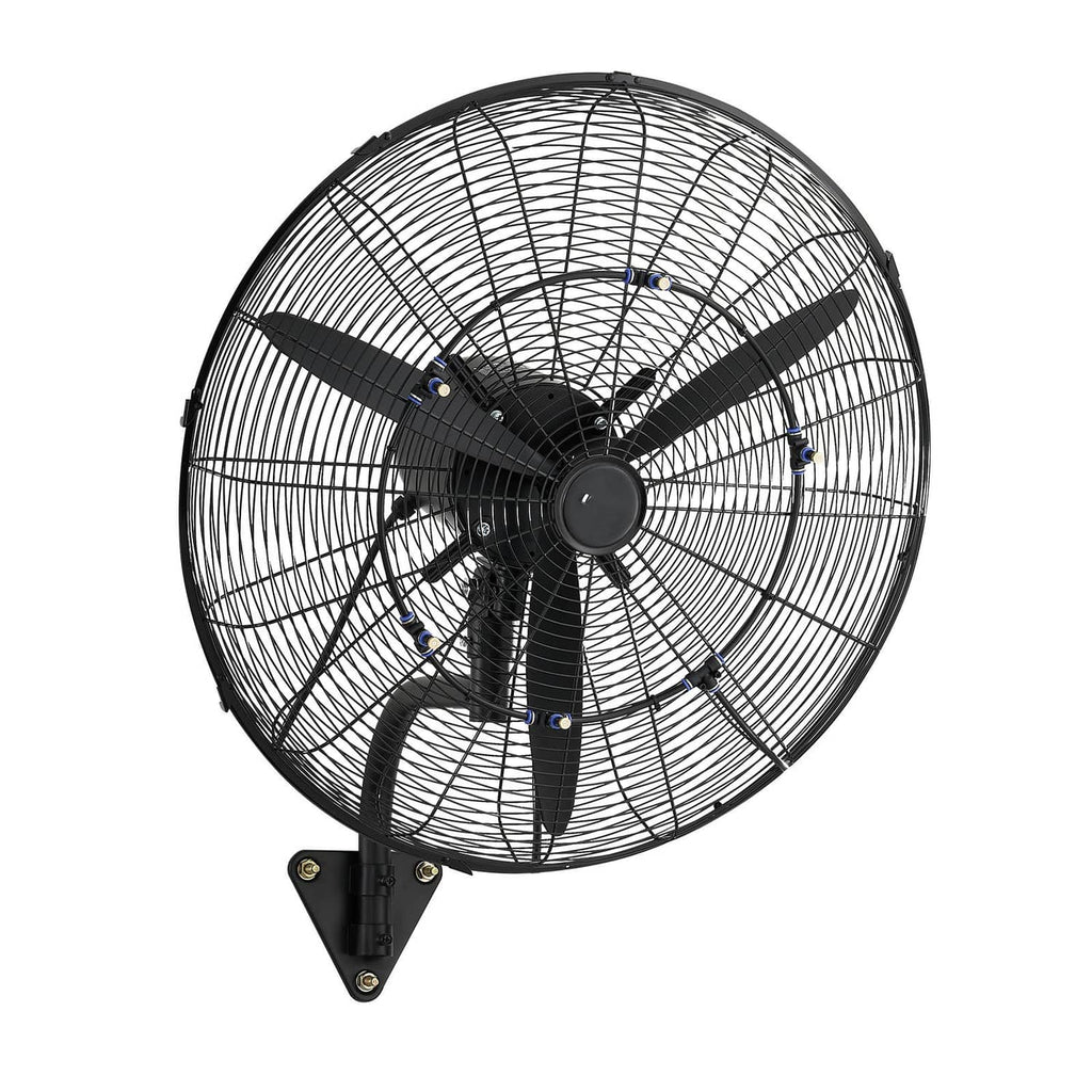 Wall-mounted oscillating mist fan front view with bracket, black grille and blades