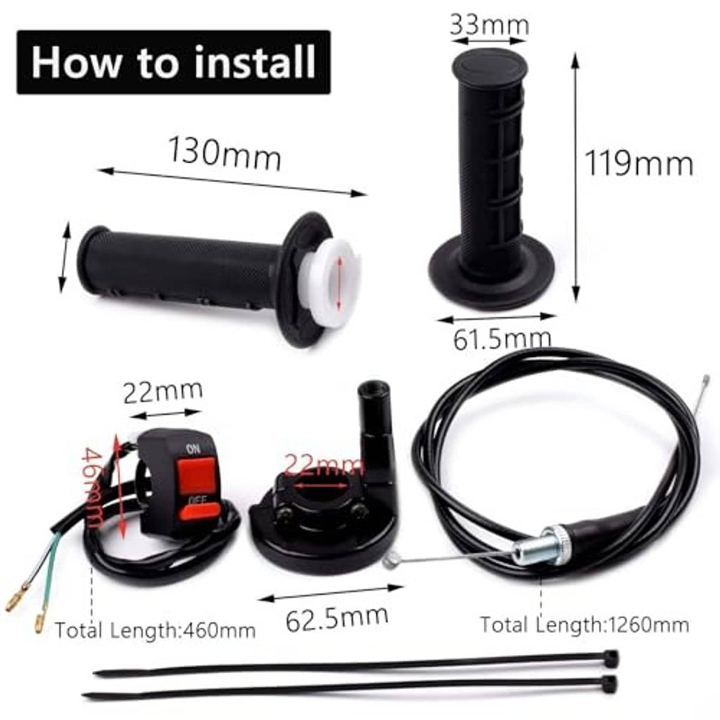 Black throttle grips with on/off switch, wiring cable, and installation length dimensions.