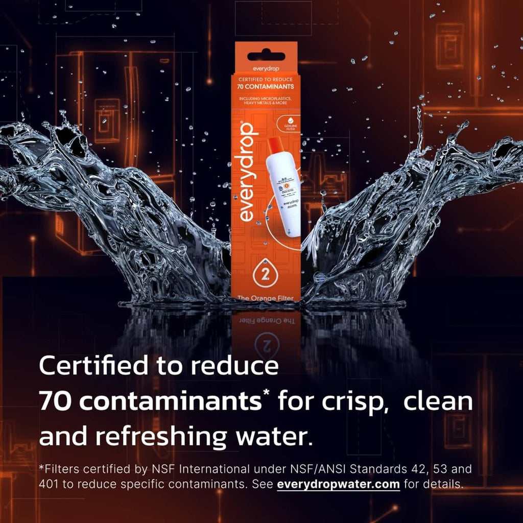 Water filter retail box with everydrop cartridge shown amid splashy water graphic