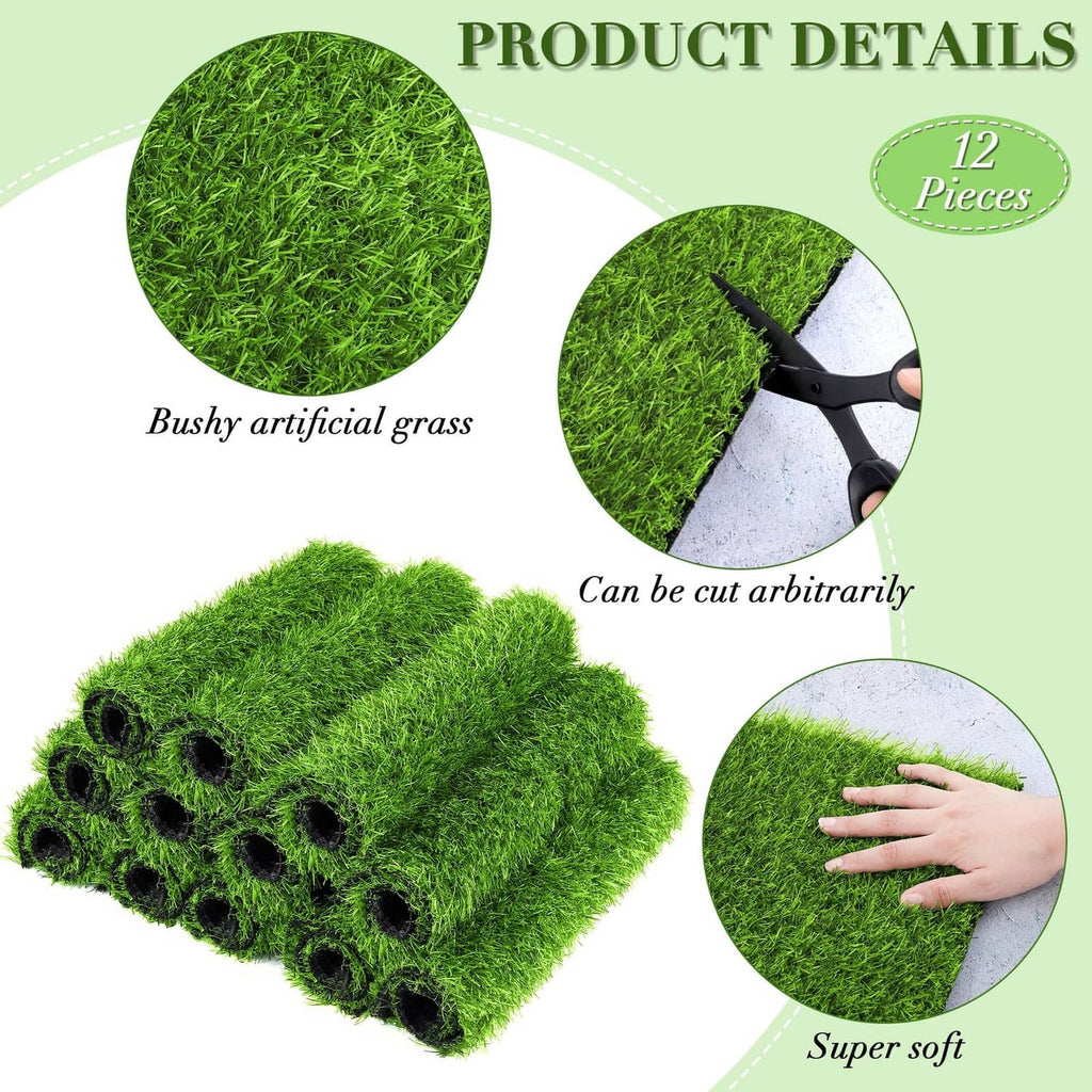 Green artificial grass mat details with dense fibers, foldable backing, and cut edge