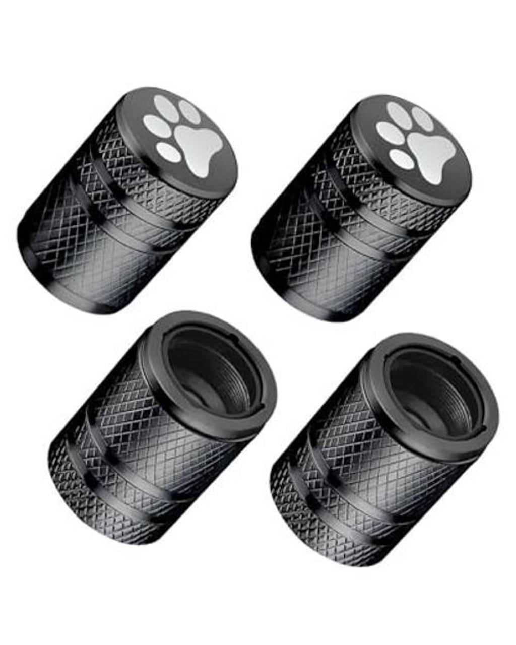Four black cat-paw tire valve stem caps, angled view with textured grip