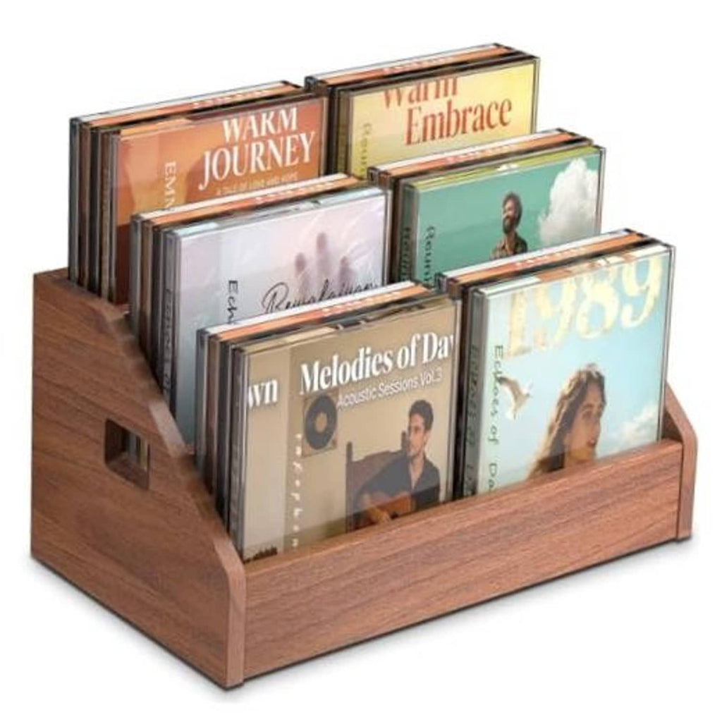 Brown wooden 3-tier CD and DVD storage rack with open front slots