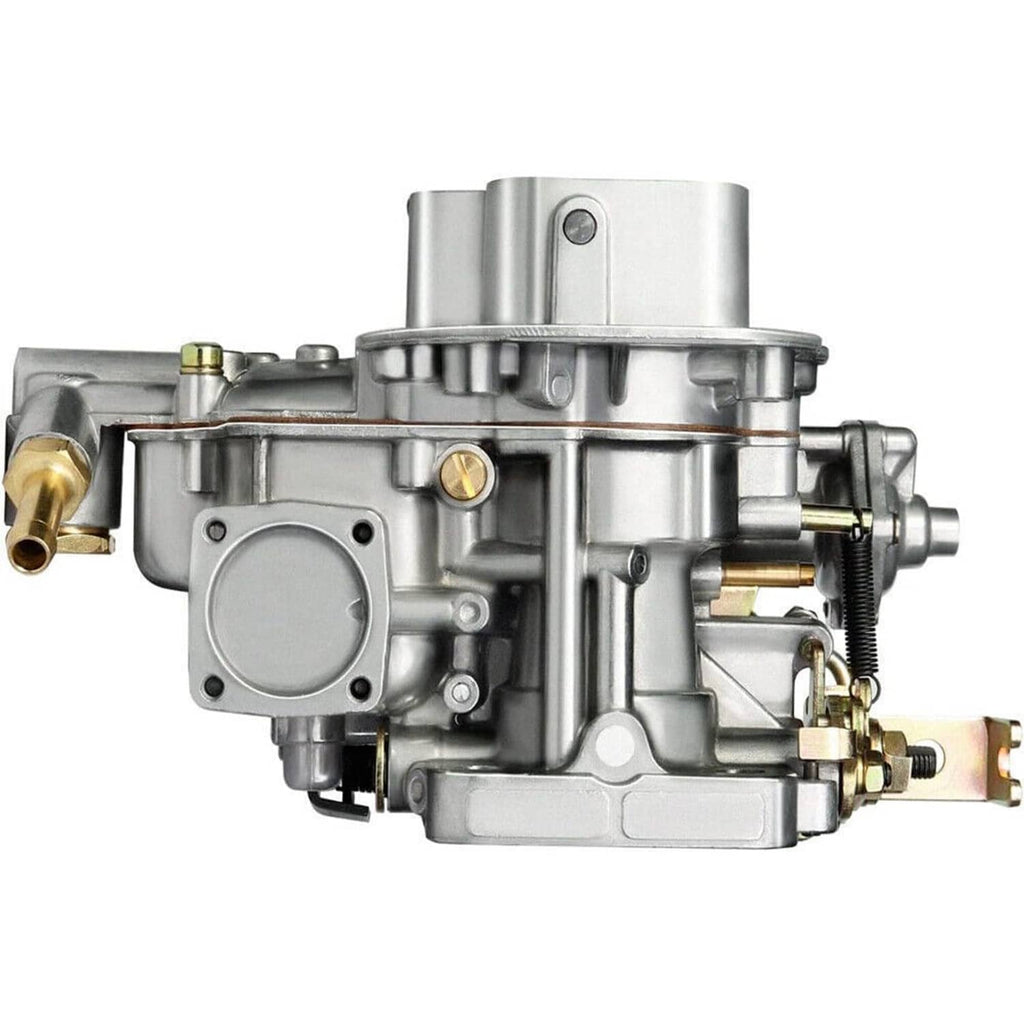 Two-barrel carburetor side view with silver body and gold-toned ports