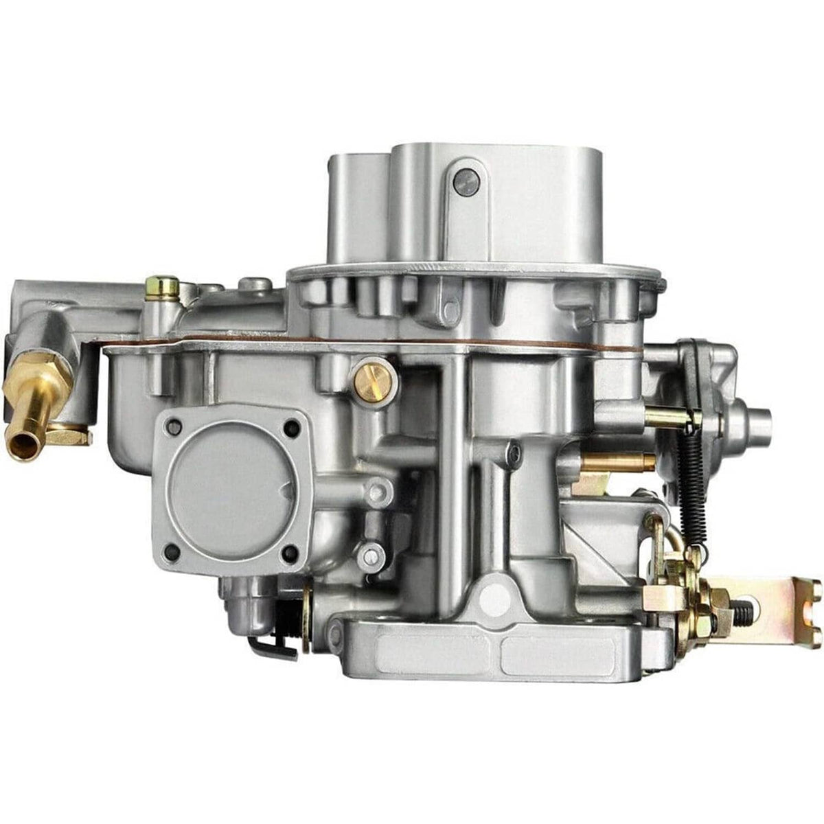 Two-barrel carburetor side view with silver body and gold-toned ports