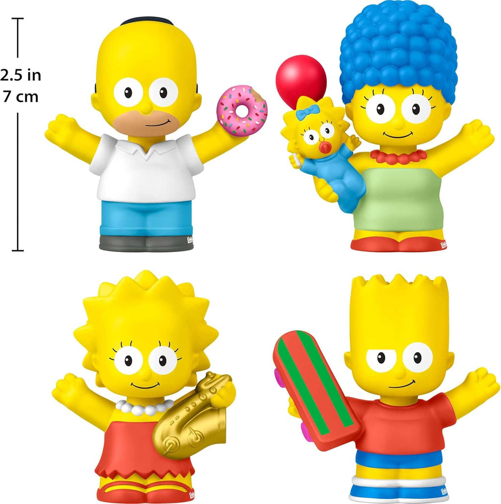 Four Simpsons collectible figures with height graphic showing 2.5 in and 7 cm