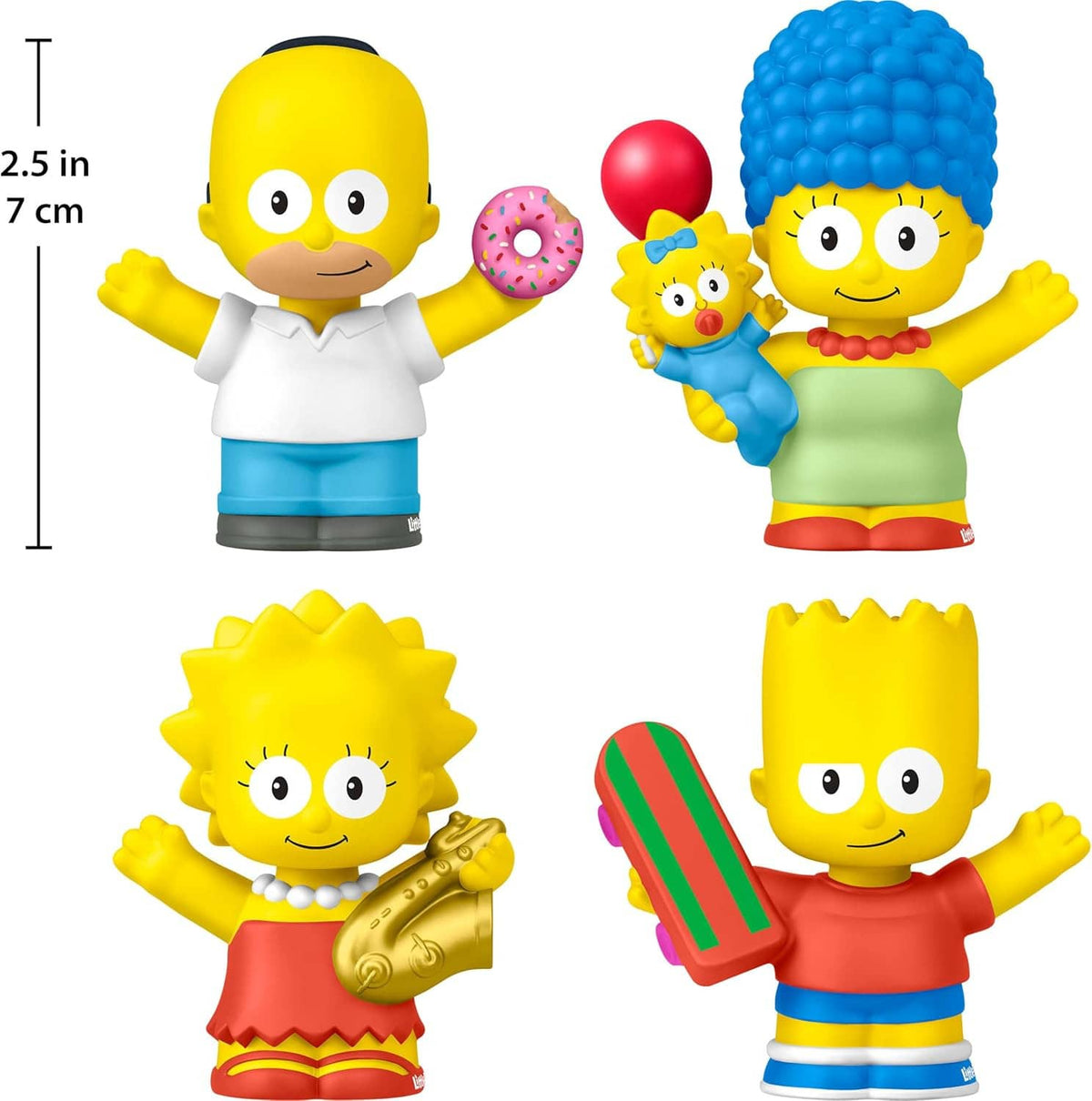 Four Simpsons collectible figures with height graphic showing 2.5 in and 7 cm