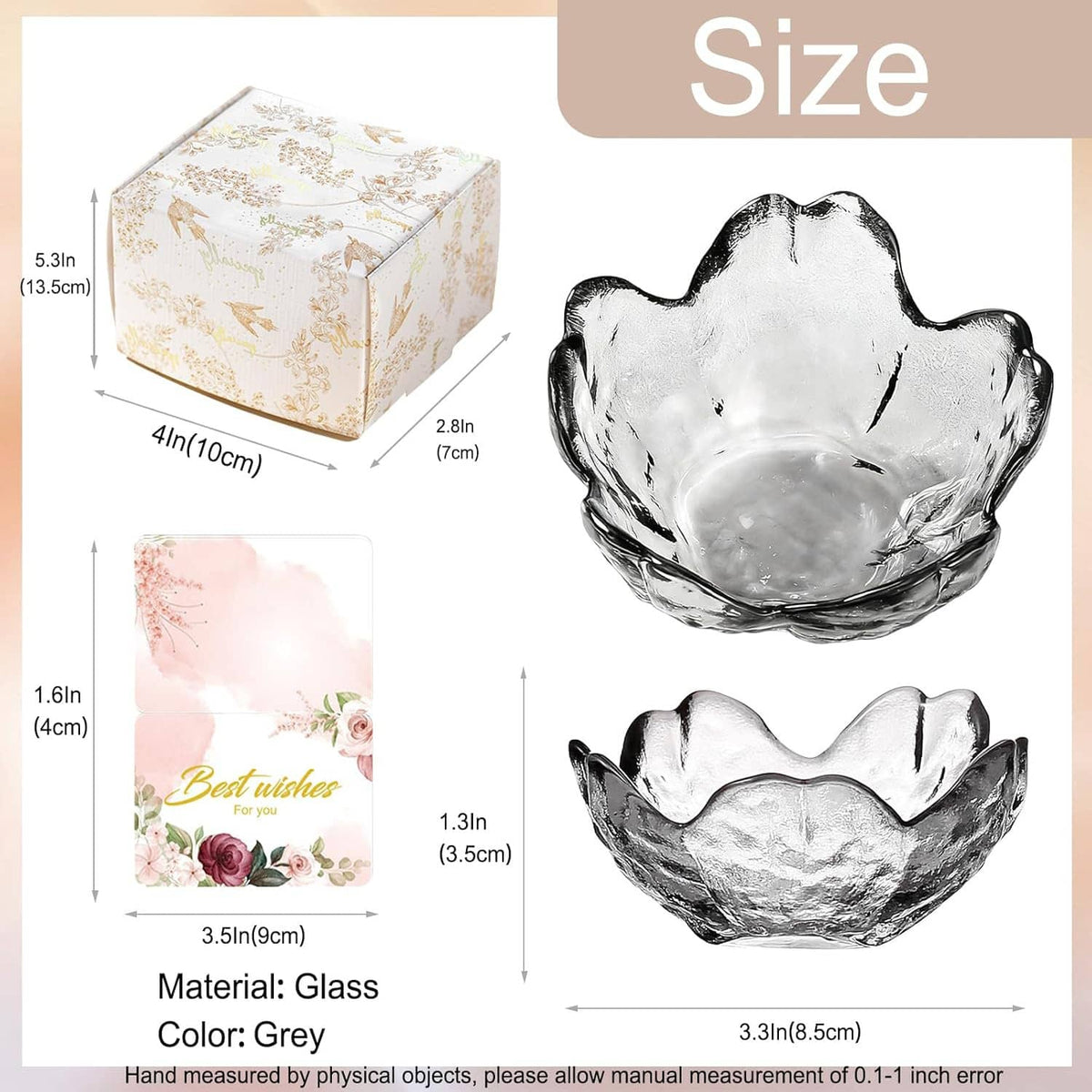 Glass trinket dish size display with matching floral gift box; curved scalloped bowl