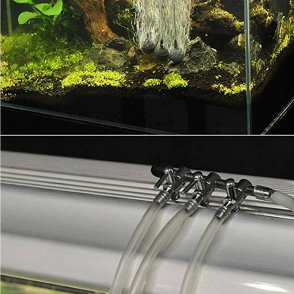 Aquarium air line control manifold with three outlet valves and clear airline hoses
