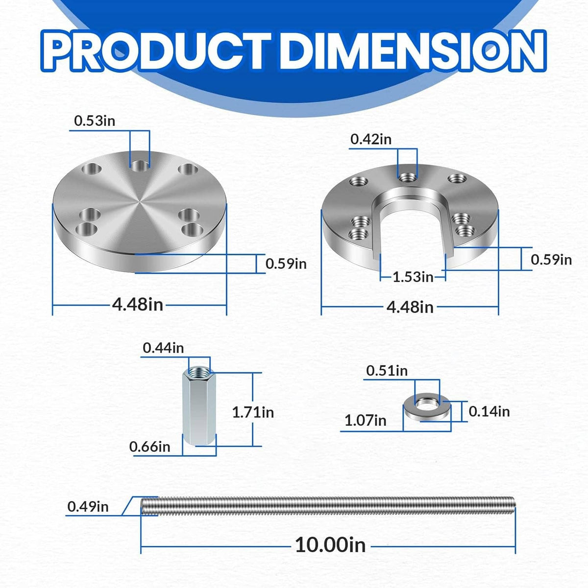 Boat prop puller tool dimension diagram with circular plates and threaded rod lengths