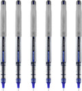 Pack of six fine-point blue ink needle rollerball pens, gray barrels and blue tips