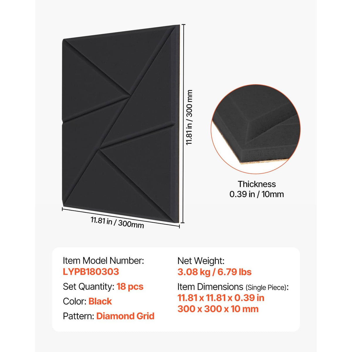 Black acoustic wall panel with diamond grid pattern and thickness 0.39 in