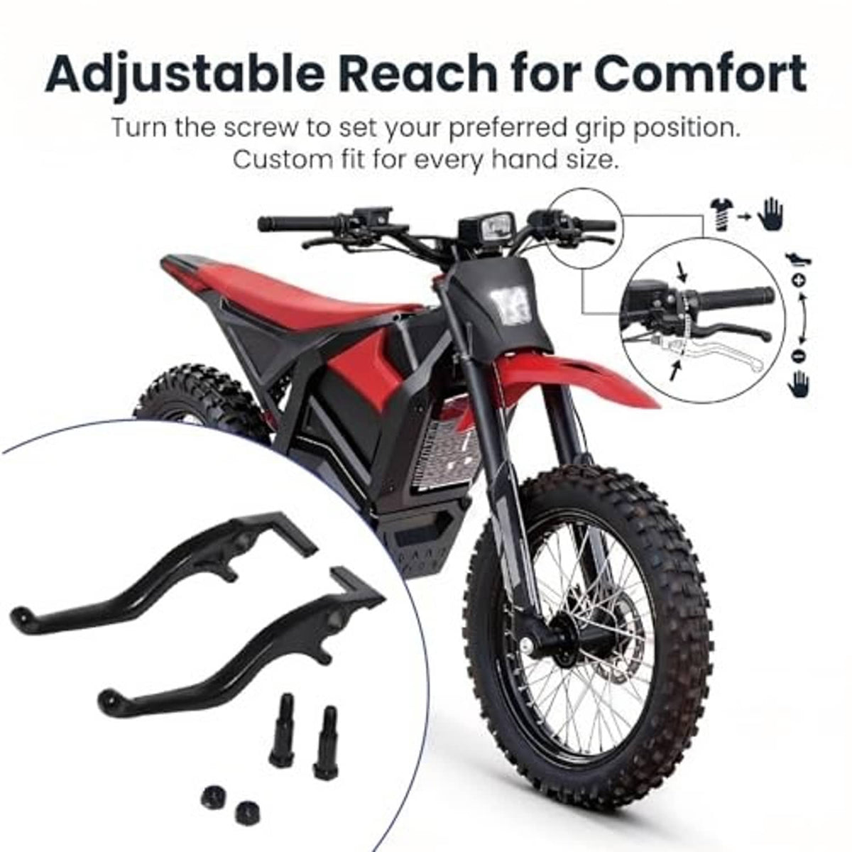Black adjustable brake lever set with reach comfort design and mounting hardware