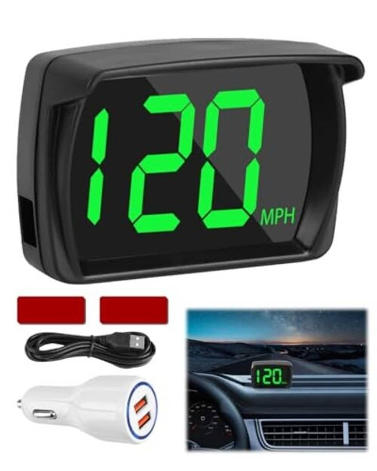 Black GPS HUD speedometer with green 120 MPH digits and included power plug and cable.