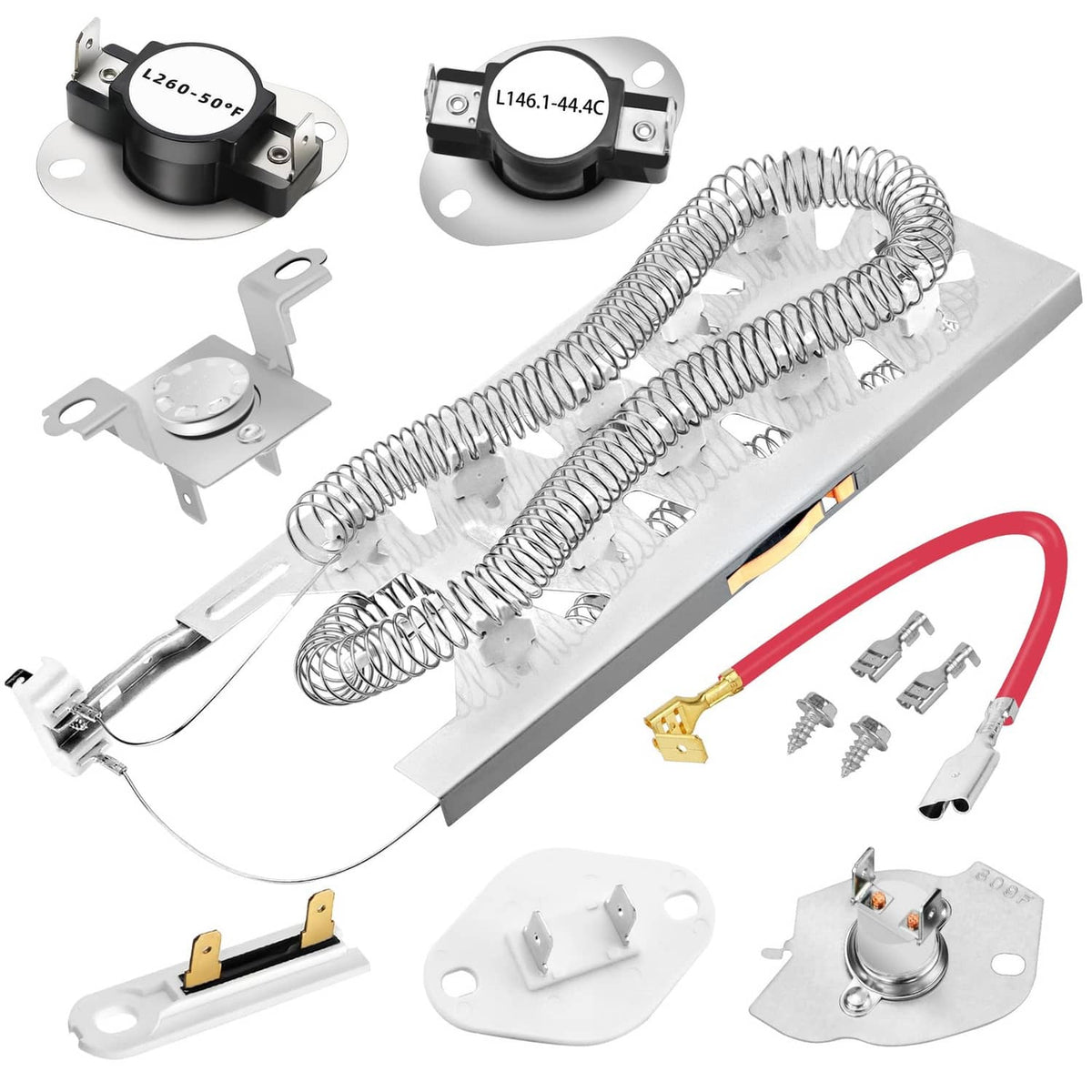 Dryer heating element assembly with coiled element and mounting bracket