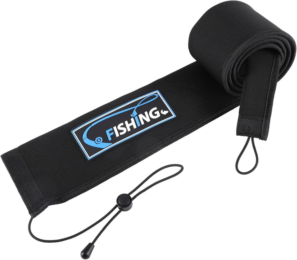 Black neoprene fishing rod sleeve with hook-and-loop strap and drawcord tie