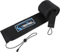 Black neoprene fishing rod sleeve with hook-and-loop strap and drawcord tie