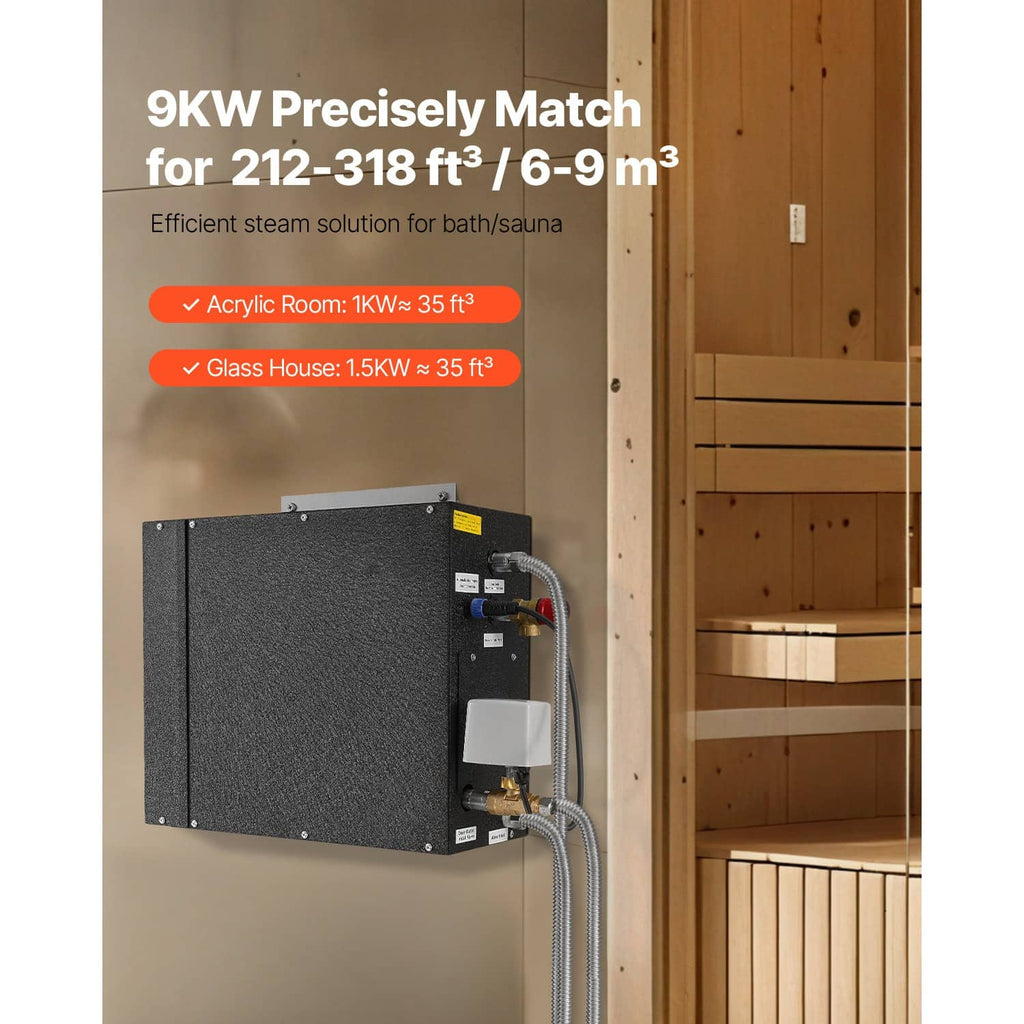 Wall-mounted steam generator controller with cables and hoses for home sauna